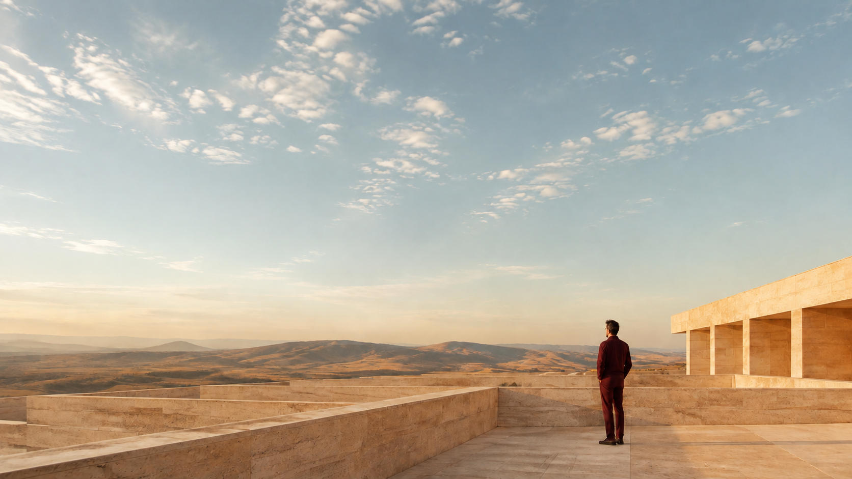 A man in burgundy stands on a stone terrace looking over desert hills under a pale morning sky